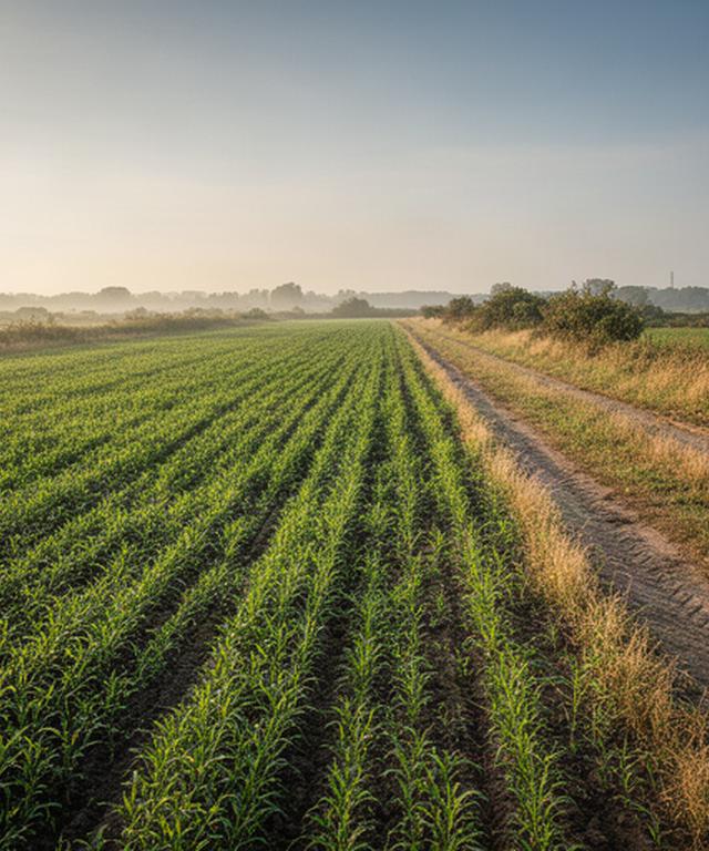 Akker met jonge gewassen naast een landbouwpad in Gelderland bij zacht ochtendlicht