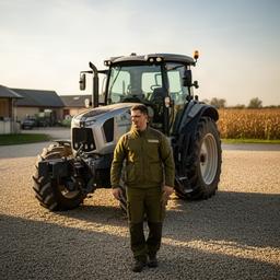 Muti Langenberg, logistiek coordinator, naast een landbouwmachine op het erf