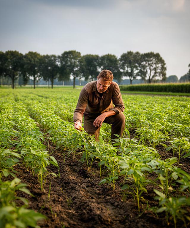 Landbouwer controleert jonge gewassen op een groene akker bij 's-Heerenberg, met Gelderse bomenrij op de achtergrond